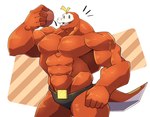 abs anthro anthrofied apple biceps big_muscles clothing food fruit male muscular muscular_male open_mouth pecs plant pokemorph solo speedo swimwear sharkinn nintendo pokemon crocodilian fuecoco generation_9_pokemon pokemon_(species) reptile scalie hi_res