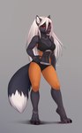 4_toes 5_fingers anklet anthro athletic barefoot bra breasts claws clothed clothing eyebrows eyelashes feet female fingers grey_background hair jewelry midriff navel pawpads paws pink_pawpads red_eyes simple_background smile sports_bra toes underwear white_hair taurusart canid canine fox mammal 2021 digital_media_(artwork) hi_res