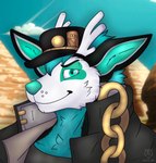 anthro blue_body blue_fur chain cosplay egyptian fur gold_(metal) gold_chain jotaro's_hat male pyramid solo toony turquoise_hair feroxart jojo's_bizarre_adventure jotaro_kujo kuro_deer_fox canid canine deer fox hybrid mammal absurd_res hi_res icon