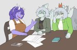 anthro blue_body calculator chair clothed clothing desk facial_horn female furniture green_eyes grey_hair group hair horn jacket math orange_eyes overalls pencil_(object) purple_body purple_hair simple_background sitting table topwear trio white_background wings hyuvevo cavemanon_studios deftones snoot_game amber_(snoot_game) green_(snoot_game) sera_(snoot_game) ceratopsian dinosaur ornithischian prehistoric_species pterodactylus pterosaur reptile scalie triceratops absurd_res hi_res