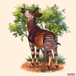 ambiguous_gender black_eyes black_stripes black_tongue brown_body brown_fur dirt feral fur grass orange_body orange_fur plant prehensile_tongue short_tail simple_background solo stripes tail tongue tree white_background white_body white_fur alexpahomov giraffid mammal okapi 1:1 2026 hi_res