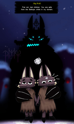 3_eyes anthro brown_body brown_fur claws cloak clothed clothing detailed_background dialogue dialogue_box eyebrows female fingers footwear frown fur gloves glowing glowing_eyes group hand_on_shoulder handwear happy larger_male logo looking_down male multi_eye multicolored_body multicolored_fur notched_ear open_mouth outside psychic_energy psychic_powers reassuring sharp_teeth silhouette silhouetted_body size_difference smile snow snowing standing tall_ears teeth text torn_clothing trio unsure young young_anthro young_female young_male panda-moan-yum cult_of_the_lamb massive_monster_(studio) charybdis_(cult_of_the_lamb) marchosias_(cult_of_the_lamb) scylla_(cult_of_the_lamb) canid canine canis mammal wolf 3:5 artist_name digital_media_(artwork) english_text hi_res signature brother_(lore) brother_and_sister_(lore) sibling_(lore) sister_(lore)