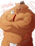 anthro asian_clothing belly big_belly blush brown_body brown_fur candy chocolate clothing container cup dessert east_asian_clothing food fundoshi fur holidays japanese_clothing kemono male mug navel overweight overweight_male scar solo underwear white_clothing white_fundoshi white_underwear samoji valentine's_day mammal suid suine sus_(pig) wild_boar 2023 hi_res