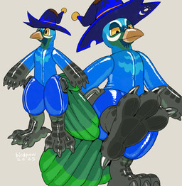 ambiguous_gender anthro beak beak_closed blue_body blue_clothing blue_hat blue_headwear blue_latex brown_beak clothing green_body green_scutes green_tail grey_background hat headgear headwear inflatable latex mouth_closed narrowed_eyes raised_leg scutes simple_background smile solo standing tail text witch_hat yellow_eyes birdpaw_(artist) animate_inanimate avian bird living_inflatable living_pool_toy 2025 artist_name dated digital_drawing_(artwork) digital_media_(artwork) full-length_portrait multiple_images portrait