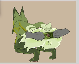 anal anal_vore anthro anus bending_of_the_rectum biped border brown_background brown_body butt cavity_storage crouching disembodied_hand duo female fingers fur genitals goatse green_body green_fur green_tail nude pawpads short_tail simple_background stretched_anus tail vore vulva white_border skeleton265 nintendo pokemon generation_9_pokemon human mammal meowscarada pokemon_(species) wiglett