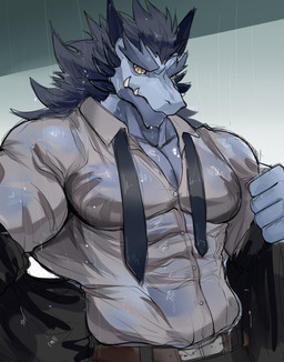 anthro belt blue_hair bottomwear clothing collared_shirt countershading dress_shirt eyebrows hair horn jacket looking_down male muscular muscular_anthro muscular_male necktie pants pecs raining shirt simple_background solo suit teeth topwear water wet wet_clothing wet_shirt wet_topwear yellow_eyes chung0_0 mythology dragon mythological_creature mythological_scalie scalie hi_res