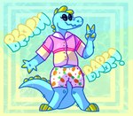 2017 abstract_background anthro barefoot blue_body blue_scales blush blush_lines bottomwear bubble_letters button-down_shirt cel_shading claws clothing collared_shirt crocodile crocodilian digital_drawing_(artwork) digital_media_(artwork) digitigrade english_text eyelashes eyes_closed feet full-length_portrait jaspering male pattern_bottomwear pattern_clothing pattern_shorts pineapple_pattern pink_blush portrait reptile scales scalie shaded shorts smile snout solo standing tail text yellow_claws