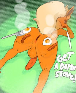 anthro anus ass_up backsack bacon balls big_butt butt cooking cooking_with_body dialogue femboy fluffy fluffy_tail food fried_egg fur genitals glans humanoid_genitalia humanoid_penis male male_anthro meat neck_tuft orange_balls orange_body orange_fur orange_glans orange_penis orange_perineum penis perineum solo spatula tail tools tuft beanshaped nintendo pokemon eeveelution flareon generation_1_pokemon pokemon_(species)