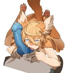 5_fingers anthro blonde_hair blue_eyes blue_penis bodily_fluids breasts curly_hair drooling duo fellatio female fingers first_person_view fluffy fluffy_ears fur genital_fluids genitals grey_body grey_fur hair implied_transformation kneeling knot licking looking_pleasured looking_up male male/female male_pov navel oral orange_body orange_fur pawpads penile penis penis_lick pink_pupils precum pupils saliva sex simple_background tongue tongue_out vein veiny_penis white_background telson made_in_abyss lyza_(made_in_abyss) ozen_the_immovable humanoid narehate hi_res