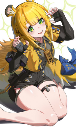 accessory animal_ears bare_legs bent_arm black_bottomwear black_clothing black_shorts blonde_hair blush bottomwear breasts claw_pose clothed clothing collared_shirt dress_shirt fangs female fluffy_ears furgonomics glistening glistening_body green_eyes grey_dress_shirt hair jacket long_hair open_clothing open_jacket open_topwear pose raised_hands ribbons shirt shorts simple_background sitting small_breasts smile sparkles sparkling_eyes striped_hair tail tail_accessory tail_ribbon teeth thigh_strap topwear two_tone_tail wariza white_background yellow_clothing yellow_jacket_(clothing) yellow_topwear young young_female young_humanoid tank0oo mihoyo zenless_zone_zero ju_fufu animal_humanoid felid felid_humanoid humanoid mammal mammal_humanoid pantherine pantherine_humanoid thiren tiger_humanoid absurd_res hi_res