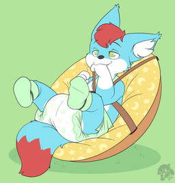 ambiguous_gender anthro bib big_diaper black_nose blue_body blue_fur blue_tail blush blush_lines bodily_fluids booster_seat booties clean_diaper clothed clothing cross-eyed diaper dipstick_tail drooling footwear fur gloves_(marking) grass green_background green_clothing green_footwear hair half-closed_eyes hand_in_mouth hypnosis inner_ear_fluff logo lying markings mind_control narrowed_eyes on_back plant red_hair red_tail_tip ringed_eyes saliva simple_background smile snaggle_tooth solo strapped_down tail tail_markings tuft wearing_diaper white_body white_fur white_inner_ear_fluff bubblepuppers jay_(lil-aaron) canid canine fennec_fox fox mammal true_fox artist_logo full-length_portrait hi_res portrait