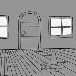 anthro clothing clothing_on_floor door female floor grey_background hat headgear headwear invisible night simple_background window witch_hat wood wood_floor zero_pictured shebunu shebu_(shebunu) canid canine canis domestic_dog mammal 1:1 hi_res monochrome