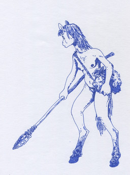 anthro bag breasts dirty dirty_feet female hooves melee_weapon nude nude_anthro polearm simple_background solo spear stone_age tail unguligrade weapon adeptus-monitus equid equine horse mammal pony traditional_media_(artwork)