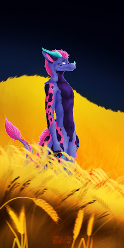 anthro athletic detailed_background field fluffy fluffy_tail fur hair looking_away male night nude pink_hair pink_spots purple_body side_view solo spots tail wheat_field rory_vwv mythology dragon furred_dragon furred_scalie mythological_creature mythological_scalie scalie absurd_res hi_res