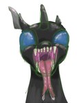 black_body blue_eyes bodily_fluids exoskeleton facial_scar feral forked_tongue male mouth_shot open_mouth saliva scar solo tongue tongue_out gyrotech friendship_is_magic hasbro my_little_pony evening_breeze arthropod changeling hi_res