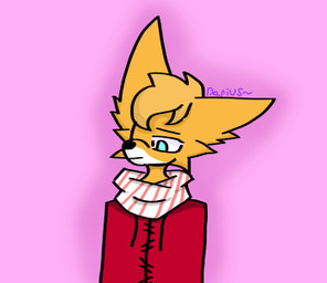 anthro big_ears biped blue_eyes clothed clothing front_view fully_clothed hair male orange_body orange_hair pattern_clothing pattern_scarf pink_background red_clothing red_topwear scarf simple_background solo striped_clothing striped_scarf stripes topwear unknown_artist canid canine fox mammal digital_media_(artwork) half-length_portrait low_res portrait signature