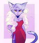 anthro breasts clothing dress ears_up female fur open_mouth purple_body purple_fur red_clothing red_dress red_eyes simple_background solo tuft yellow_sclera captyns cosette_(captyns) domestic_cat felid feline felis mammal low_res