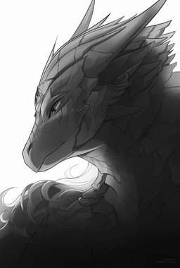 anthro female female_anthro glistening glistening_eyes horn mouth_closed simple_background solo text unknowhiter mythology dragon mythological_creature mythological_scalie scalie 2024 absurd_res artist_name dated hi_res monochrome