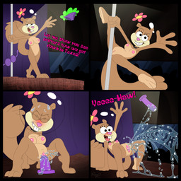 anthro big_tail bodily_fluids breasts clothing dialogue ejaculation excessive_genital_fluids excessive_vaginal_fluids female fluffy fluffy_tail genital_fluids genitals masturbation nude orgasm presenting public public_masturbation public_nudity sex_toy solo stage stage_lights tail text toying_self undressing vaginal vaginal_fluids vaginal_masturbation vaginal_squirting vulva foxifyer_(artist) nickelodeon spongebob_squarepants sandy_cheeks eastern_grey_squirrel grey_squirrel mammal rodent sciurid tree_squirrel 1:1 absurd_res comic english_text hi_res