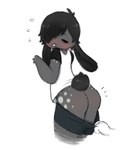 black_hair blush bottomwear bottomwear_pull butt clothing clothing_pull disembodied_hand femboy hair male pants pants_pull pulling_down_pants simple_background solo spots tail lonely_cri humanoid lagomorph mammal