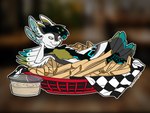 anthro basket checkered container dipping_sauce feathers food fry_basket hand_on_cheek hand_on_leg looking_at_viewer looking_smug male seductive solo tail tail_feathers kinkykaida avali 4:3