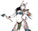 anthro axe dagger ear_piercing ear_ring female melee_weapon piercing ring_piercing solo tribal weapon lutherine mira_(spectronic) felid feline lynx mammal