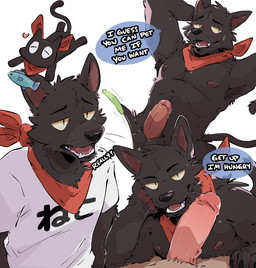 anthro armpit_hair balls black_body black_fur blush body_hair clothing erection first_person_view fur genitals humanoid_genitalia humanoid_penis kerchief laying_on_another looking_at_viewer lying male neckerchief neckwear nipples nude on_back open_mouth penis presenting presenting_armpit simple_background smile solo tail text white_background dogflops nichijou sakamoto_(nichijou) domestic_cat felid feline felis mammal digital_media_(artwork) english_text hi_res