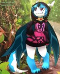 alternative_fashion anthro blue_hair cape claws cloak clothing female forest hair hoodie horn long_sleeves plant punk red_eyes solo tail topwear tree wings blitzdrachin conditional_dnp rudragon mythology sifyro dragon mythological_creature mythological_scalie scalie siphary_dragon 2023 artist_collaboration