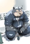 anthro belly blush bodily_fluids bottomwear can clothing container humanoid_hands kemono male overweight overweight_male pants shirt sitting solo tears topwear kisukemk777 bear mammal 2022 hi_res