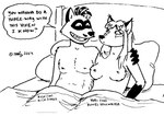 anthro bed breasts dialogue duo facial_hair female fur furniture hair hand_on_shoulder headboard male male/female mustache naturally_censored nipple_tuft nipples nude pillow smile text tuft tegerio rick2tails yuri_(runei) canid canine fox mammal procyonid raccoon 2023 english_text monochrome