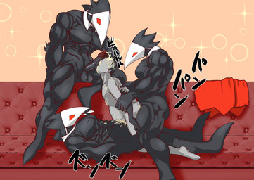 ambiguous_gender anthro arm_grab arm_pull black_body blush bodily_fluids breath cowgirl_position cum cum_in_mouth cum_inflation cum_inside cum_on_face double_penetration from_behind_position from_front_position furniture genital_fluids group hand_on_head human_on_anthro inflation interspecies larger_anthro larger_male lying male male/ambiguous muscular muscular_anthro muscular_male nude on_back on_bottom on_top panting penetration prison_guard_position restrained sex size_difference smaller_ambiguous smaller_human sofa kijikijiuzura deltarune undertale_(series) avian bird darkner human humanoid mammal swatchling absurd_res hi_res