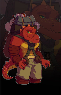 anthro backpack clothed clothing male solo standing teeth nlr_domain crocodile crocodilian reptile scalie hi_res