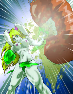 anthro athletic blonde_hair boxing_gloves clothed clothing female hair handwear long_ears punching_bag solo topless topless_anthro training westwolf270 green_legend lagomorph leporid mammal rabbit absurd_res hi_res
