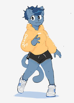 anthro black_bottomwear black_clothing black_shorts blue_body blue_ears blue_hair blue_tail bottomwear clothed clothed_anthro clothed_female clothing female female_anthro fingers footwear hair hoodie mouth_closed shoes shorts simple_background smile solo tail topwear white_clothing white_footwear white_sclera white_shoes yellow_clothing yellow_hoodie yellow_topwear conditional_dnp sonokido ventura_city_drifters alina_scratch domestic_cat felid feline felis mammal russian_blue 2022 full-length_portrait hi_res portrait