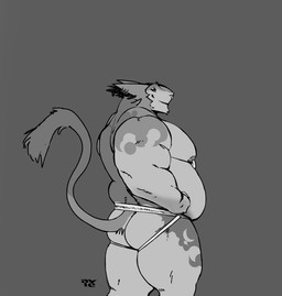 anthro belly butt clothing ear_piercing facial_piercing hand_on_hip jockstrap looking_back male mile musclegut muscular muscular_arms muscular_legs muscular_male nipple_piercing nipple_ring nipples nose_piercing overweight overweight_male pecs piercing rear_view ring_piercing septum_piercing solo tail tail_tuft tuft underwear aviesergal avie sergal black_and_white hi_res monochrome sketch