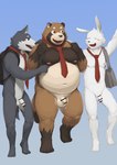 anthro balls belly blush brown_body censor_bar flaccid foreskin genitals group humanoid_genitalia humanoid_hands humanoid_penis ineffective_censorship kemono male moobs mostly_nude navel necktie necktie_only nipples overweight overweight_male penis white_body barontoko canid canine canis lagomorph leporid mammal rabbit raccoon_dog tanuki wolf 2022 censored hi_res