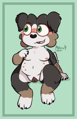 animal_genitalia animal_vulva anthro belly_nipples blush border breasts canine_genitalia canine_vulva cheek_tuft eyewear facial_tuft female fur genitals glasses green_border looking_away multicolored_body multicolored_fur nude presenting presenting_vulva sitting solo tattoo tuft vulva wearing_glasses artemis-otter danielle_collie border_collie canid canine canis collie domestic_dog herding_dog mammal pastoral_dog sheepdog 2026 cel_shading digital_media_(artwork) shaded