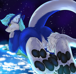 anthro anus balls blue_body blue_fur butt feet fur genitals macro male nude pawpads paws planet presenting presenting_hindquarters raised_tail solo space star tail tail_anus teeth krenz-crystal zelaum_the_hunter sergal hi_res