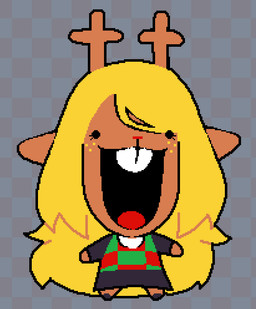 :d anthro antlers black_bottomwear black_clothing black_skirt blonde_hair bottomwear brown_body brown_fur buckteeth checkered checkered_background checkered_clothing checkered_topwear clothing dot_eyes female freckles front_view fur hair happy horn long_hair open_mouth pattern_background pattern_clothing pattern_topwear red_nose simple_background simple_eyes skirt smile solo teeth topwear asepriterico deltarune undertale_(series) noelle_holiday deer mammal new_world_deer reindeer 2025 comment_chain digital_media_(artwork) meme pixel_(artwork)
