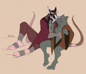 anthro asian_clothing bandage beard black_body black_fur brown_body brown_fur claws clothing duo east_asian_clothing elderly elderly_anthro elderly_male eye_contact eyebrows facial_hair feet fur fur_markings grey_body grey_fur japanese_clothing looking_at_another male male/male markings mature_anthro mature_male rat_tail robe sitting smile tail thick_eyebrows undressing white_body white_fur wraps yukata mishajeans teenage_mutant_ninja_turtles teenage_mutant_ninja_turtles_(2003) master_splinter mammal murid murine rat rodent hi_res