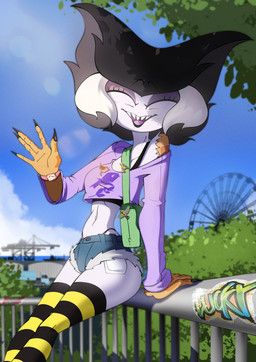 anthro bottomwear breasts clothing detailed_background eyelashes eyes_closed female footwear gesture hotpants knee_highs knee_socks legwear lipstick makeup non-mammal_breasts purse sharp_teeth shorts slim smile socks solo teeth thick_thighs waving wide_hips tobitobi90 odeth_poensis avian bird owl absurd_res hi_res