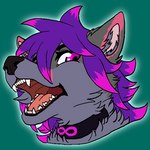 collar fur grey_body grey_fur hair highlights_(coloring) infinity_symbol open_mouth pink_eyes pink_highlights purple_hair solo symbol knightxayvion ashe_infinity canid canine fox mammal 1:1 headshot_portrait portrait