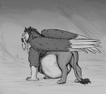 ambiguous_gender avian beak belly big_belly diego_(thatgryphonguy) duo feral feral_pred greyscale gryphon hi_res looking_at_belly male male_pred monochrome mythological_avian mythological_creature mythology oral_vore sketch swallowing thatgryphonguy unseen_prey vore wings