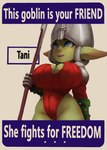 big_breasts blue_eyes breasts cleavage clothed clothing female green_body green_skin huge_breasts humanoid_pointy_ears not_furry open_mouth open_smile pointy_ears simple_background smile solo text cranihum goblin humanoid 2025 absurd_res english_text hi_res