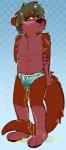 anthro black_nose blush bodily_fluids bulge clothed clothing fur genital_fluids green_eyes hands_behind_back heart_clothing heart_symbol heart_underwear male omorashi pattern_clothing pattern_underwear peeing red_body red_fur shy solo tail topless underwear urine urine_on_foot urine_on_ground urine_on_leg urine_on_paw watersports wet wet_clothing wetting crownedvictory sauksauk mammal mustelid otter 2019 hi_res