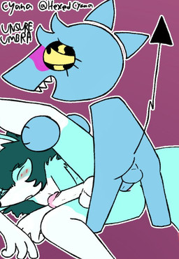 4_fingers anal anal_penetration anthro anthro_on_anthro anthro_penetrated anthro_penetrating anthro_penetrating_anthro arm_tuft black_nose blue_body blue_fur blush duo eyelashes eyes_always_closed eyes_closed female fingers floating_ears floating_hands floating_head fur genitals green_hair hair head_tuft larger_sub leg_glider_position male male/female multicolored_body multicolored_fur penetration penis raised_leg sex sharp_teeth shoulder_tuft size_difference small_penis snout spade_tail submissive tail teeth tuft two_tone_body two_tone_fur white_body white_fur yellow_sclera unsureumbra avon_(unsureumbra) cyana_(hexedcyana) canid canine fox mammal credits signature trans_(lore) trans_woman_(lore)