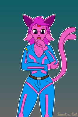 anthro belt big_breasts blue_clothing breasts cleavage clothed clothing curvy_figure eyeliner female forehead_gem forked_tail fur gem hair inquisitive jumpsuit lipstick makeup name_tag pink_body pink_clothing pink_fur pink_hair purple_eyes solo tail unusual_anatomy unusual_tail wide_hips scoutthecat02 nintendo pokemon lexi_cortez eeveelution espeon generation_2_pokemon pokemon_(species) 2:3 hi_res