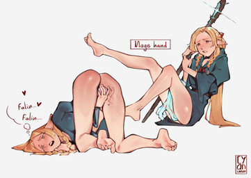 barefoot blonde_hair blush clothed clothing dialogue dildo dildo_in_vagina dildo_insertion feet female green_eyes hair heart_symbol humanoid_pointy_ears masturbation not_furry open_mouth penetration pointy_ears sex_toy sex_toy_in_vagina sex_toy_insertion soles solo text vaginal vaginal_masturbation vaginal_penetration cyanceebee delicious_in_dungeon marcille_donato elf humanoid 2024 english_text hi_res