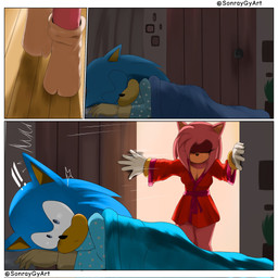anthro bed bed_sheet bedding blue_body blue_fur breasts cleavage clothed clothing door door_slam duo eyelashes eyes_closed female footwear fur furniture gloves hair handwear lying male male/female on_bed on_side pajamas pillow pink_body robe robe_only sleeping socks standing soranygyart sega sonic_the_hedgehog_(series) amy_rose sonic_the_hedgehog eulipotyphlan hedgehog mammal comic digital_media_(artwork) hi_res