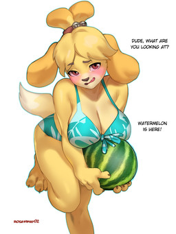 anthro bikini bikini_bottom bikini_top blush breasts brown_eyes clothing female food fruit fur melon plant solo speech_bubble swimwear tail text two-piece_swimsuit watermelon yellow_body yellow_fur rosemary02 animal_crossing nintendo isabelle_(animal_crossing) canid canine canis domestic_dog mammal 3:4 english_text hi_res